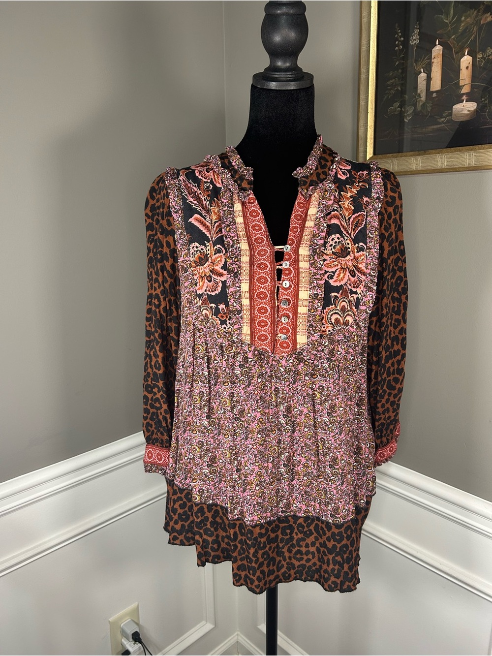 John Mark Boho Mixed Print Leopard Floral Paisley Blouse Ruffle Neck S Art Wear